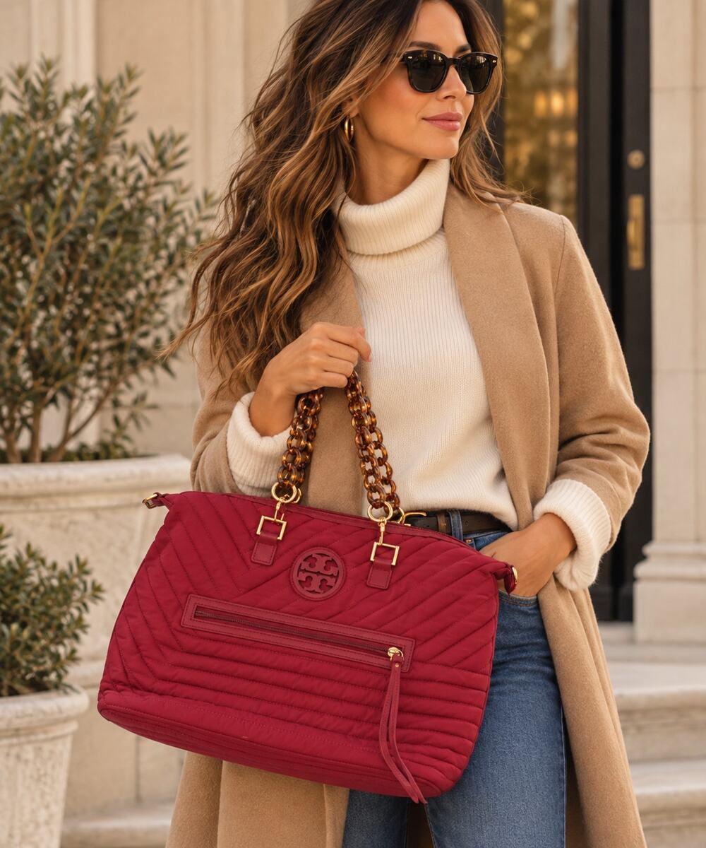 Tory Burch Quilted Nylon Satchel Bag Red Slouchy Designer Handbag NWT